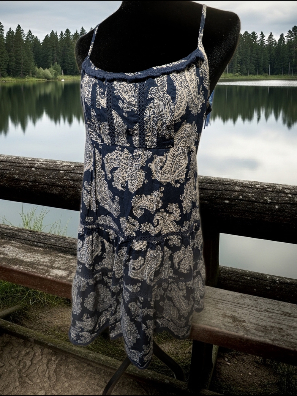 Juicy Couture Navy Blue and White Paisley Spaghetti Strap Dress Sz 6 (A58)